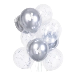 Balony lateksowe urodziny konfetti motyl srebrny 10 sztuk